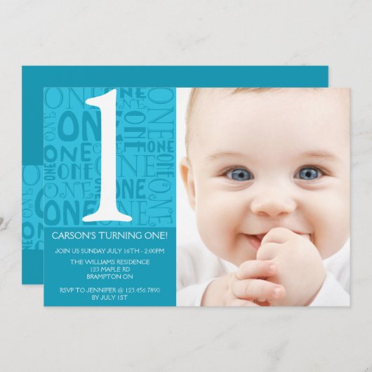 Collage First Birthday Invitation - Blue Kaart (Voorkant / Achterkant)