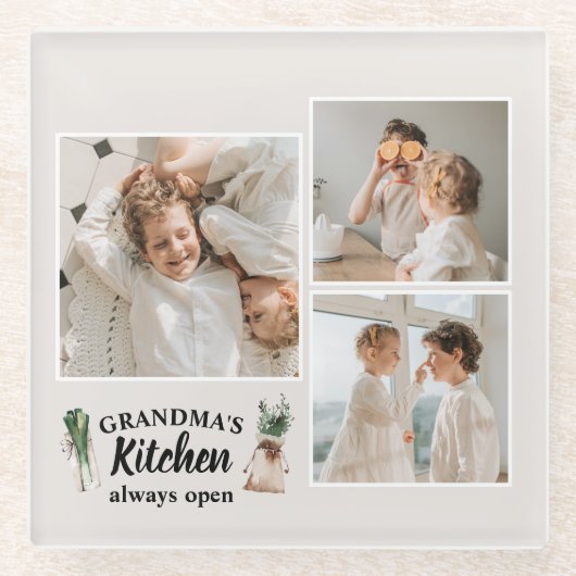 Collage Foto en Grandma Kitchen zijn altijd open Glazen Onderzetter (Voorkant)