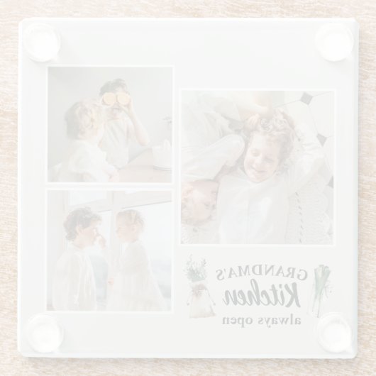 Collage Foto en Grandma Kitchen zijn altijd open Glazen Onderzetter (Achterkant)