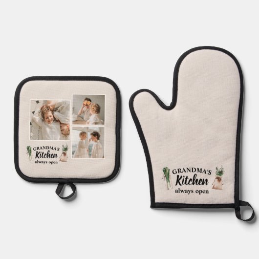 Collage Foto en Grandma Kitchen zijn altijd open Ovenwant & Pannenlap Set (Voorkant)