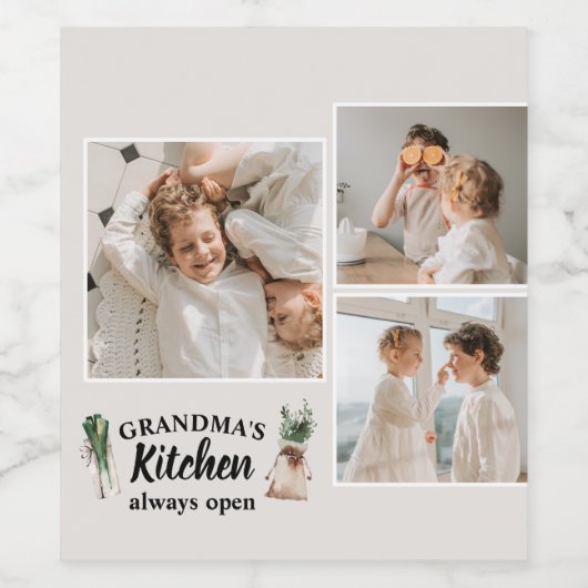 Collage Foto en Grandma Kitchen zijn altijd open Wijn Etiket (Enkel label)