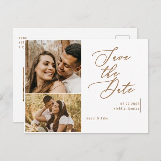 Collage Foto Gold Text Weddenschap Save the Date Briefkaart (Voorkant / Achterkant)