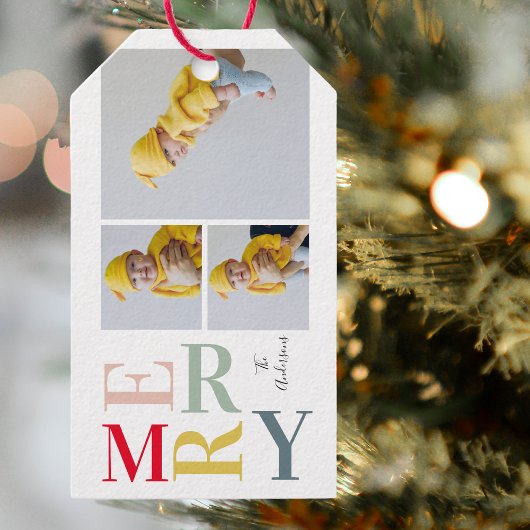 Collage foto's en kleurrijke groeven | Happy Holid Cadeaulabel