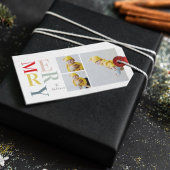 Collage foto's en kleurrijke groeven | Happy Holid Cadeaulabel