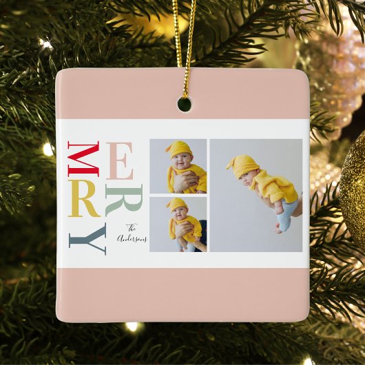 Collage foto's en kleurrijke groeven | Happy Holid Keramisch Ornament