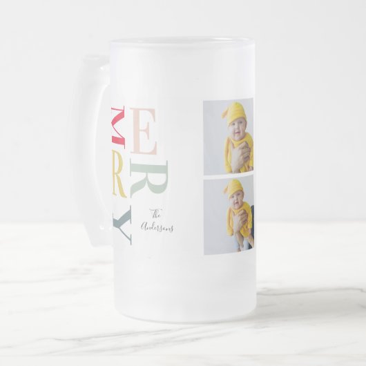 Collage foto's en kleurrijke groeven | Happy Holid Matglas Bierpul (Voorkant links)