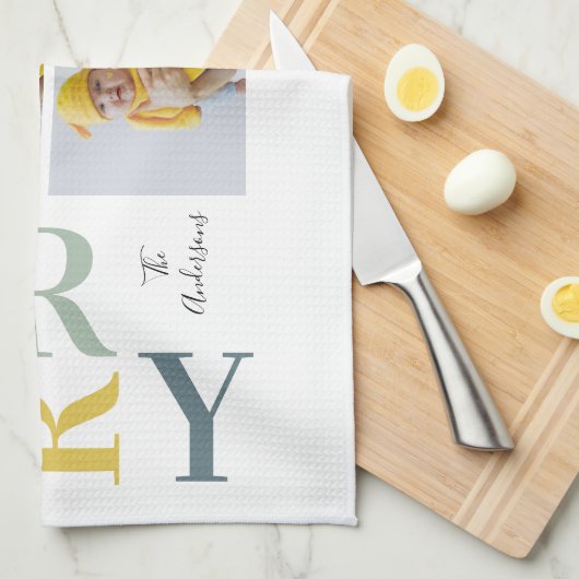 Collage foto's en kleurrijke groeven | Happy Holid Theedoek (Quarter Fold)