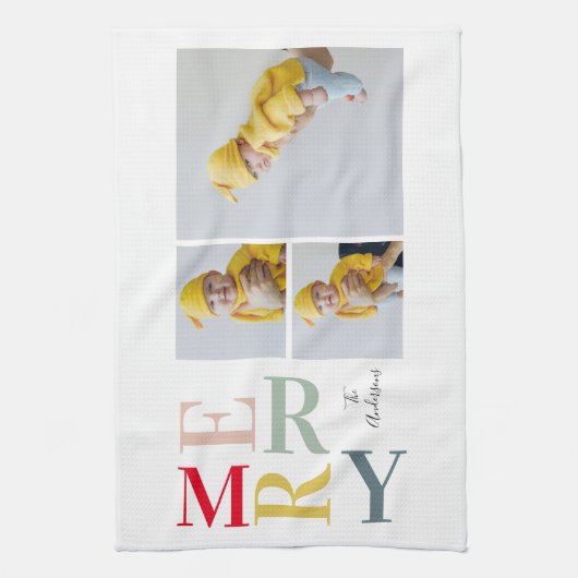 Collage foto's en kleurrijke groeven | Happy Holid Theedoek (Verticaal)