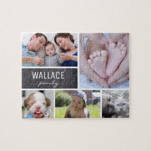 Collage foto's met familienaam, 5 afbeeldingen legpuzzel