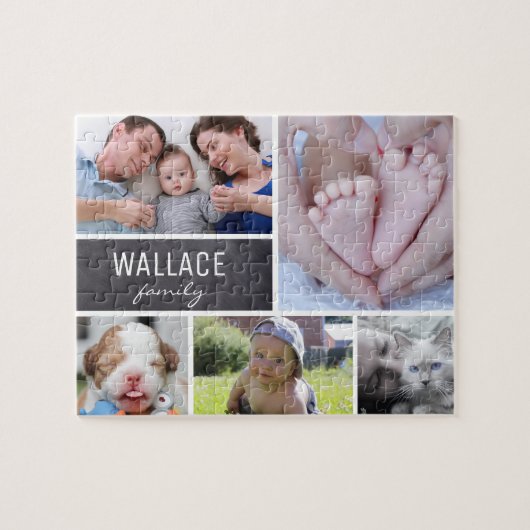 Collage foto's met familienaam, 5 afbeeldingen legpuzzel (Horizontaal)