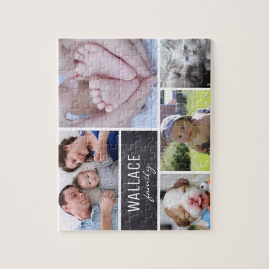 Collage foto's met familienaam, 5 afbeeldingen legpuzzel (Verticaal)