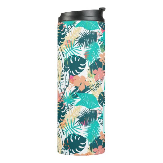 Collage monogram tropische rode bladeren thermosbeker (Gedraaid links)