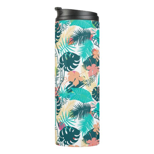 Collage monogram tropische rode bladeren thermosbeker (Geroteerd rechts)