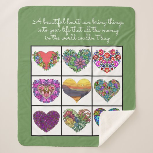 Collage of Painted Hearts (on green), with Quote Sherpa Deken (Voorkant)