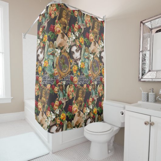  collage Retro met kant en bloemen Douchegordijn (In situ)