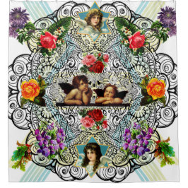  collage Retro met kant en bloemen Douchegordijn