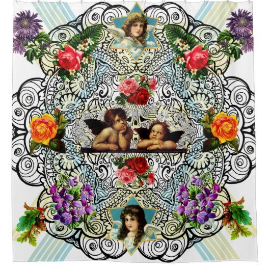 collage Retro met kant en bloemen Douchegordijn (Voorkant)