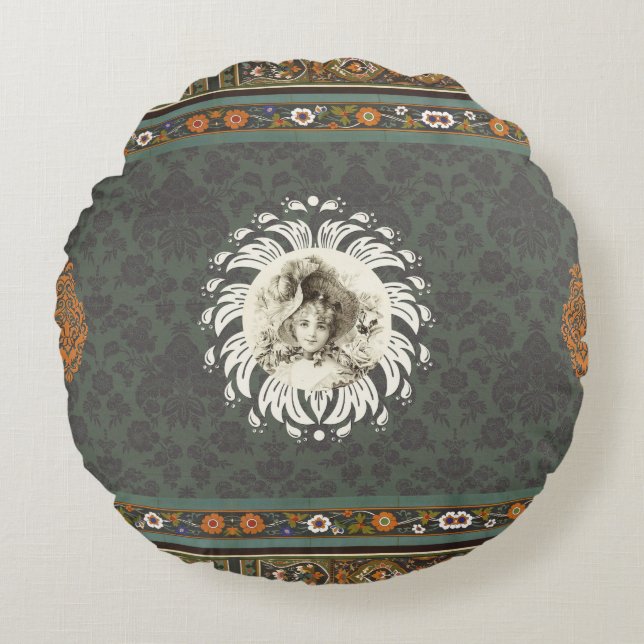  collage Retro met kant en bloemen Rond Kussen (Voorkant)