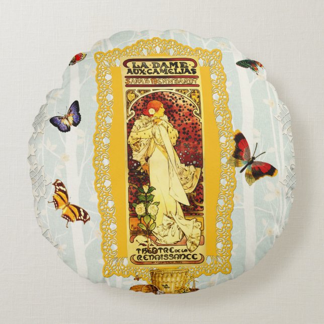  collage Retro met kant en bloemen Rond Kussen (Voorkant)