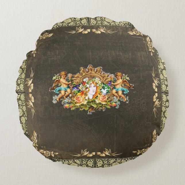  collage Retro met kant en bloemen Rond Kussen (Voorkant)