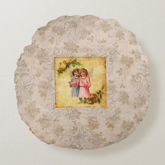  collage Retro met kant en bloemen Rond Kussen (Voorkant)