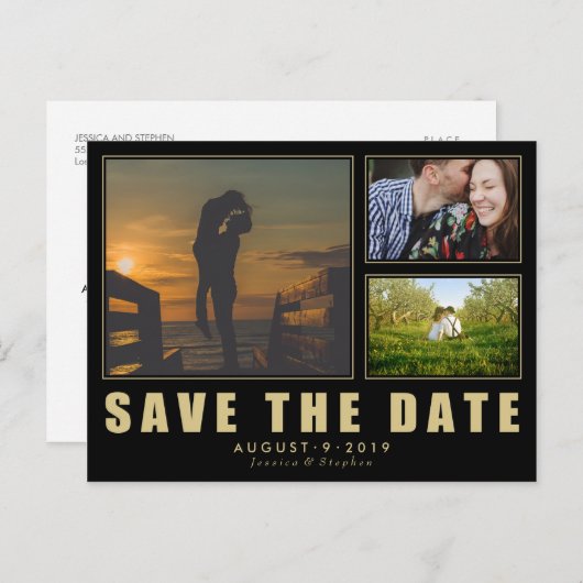 Collage Sparen de Datum 3 Foto Moderne Briefkaart (Voorkant / Achterkant)