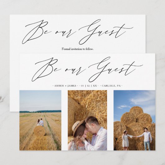 Collage Three Photos Be Our Guest Romantic Wedding Save The Date (Voorkant / Achterkant)