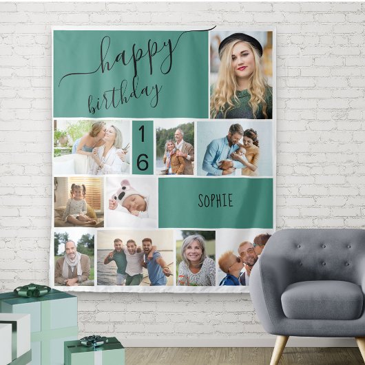 Collage van 10 foto's op groene ondergrond, elke l wandkleed