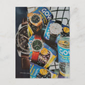 Collage van horloges en blikken goederen briefkaart (Voorkant)