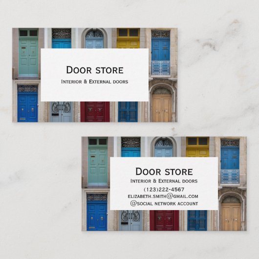 Collage van kleurrijke voordeuren visitekaartje (Voorkant / Achterkant)