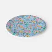 Collage van schoolbenodigdheden op blauw papieren bordje (Gekanteld)