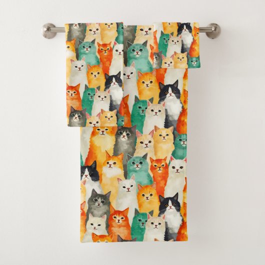 Collage van Waterverf Cats Pattern Bad Handdoek (Insitu)