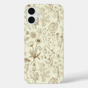 Collage van wilde bloemen/ beige en sepia iPhone 16 plus hoesje