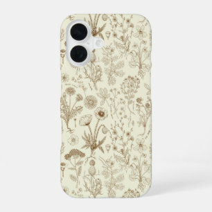 Collage van wilde bloemen/ beige en sepia iPhone 16 hoesje