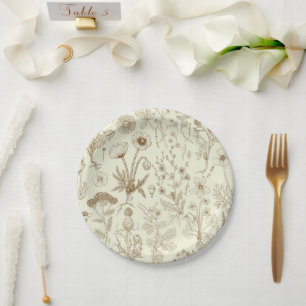 Collage van wilde bloemen/ beige en sepia papieren bordje