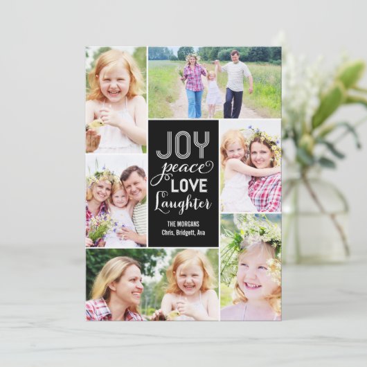 Collage Wishes Holiday Photo Card - Zwart Feestdagenkaart (Staand voorkant)
