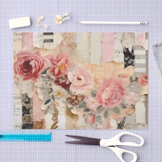 Collage with Painted Flowers and Torn Paper Tissuepapier (Craft)