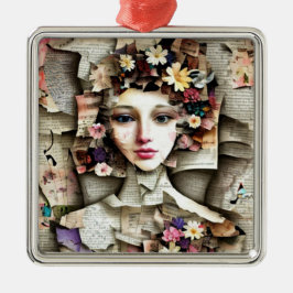 Collagekunst | Een mooi meisje gemaakt van boekpag Metalen Ornament