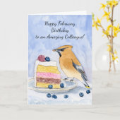 Colleague Happy February Birthday Bird Cake Kaart (Gele Bloem)
