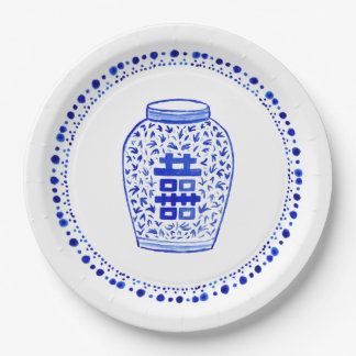Collectie met blauwe en witte gember papieren bordje