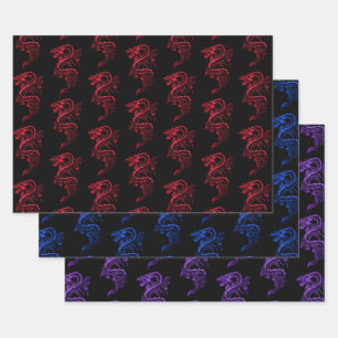 Collectie Rode Blauw en Paarse Aziatische Dragons Inpakpapier Vel