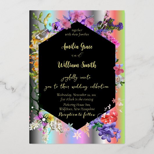 Collectie van bloem met kleurrijke achtergrond folie uitnodiging (Voorkant)