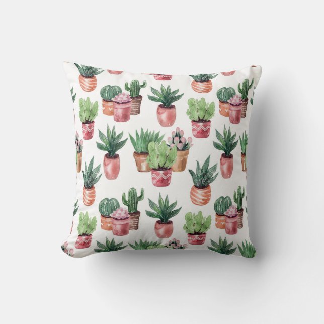 Collectie van cactussen in potten, waterverf. kussen (Voorkant)