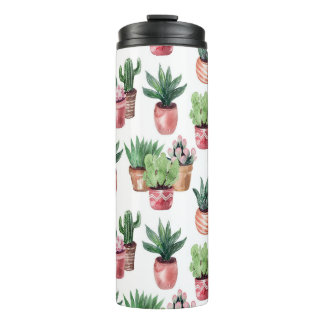 Collectie van cactussen in potten, waterverf. thermosbeker