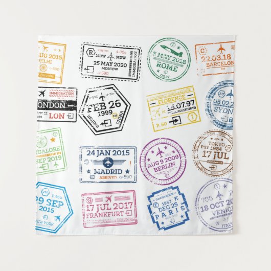 Collectie van paspoortzegels, geïsoleerd op wit. V Wandkleed (Voorkant)