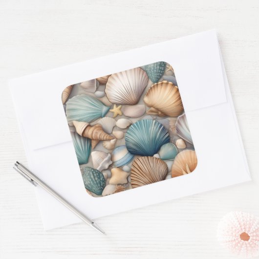 Collectie van schelpen vierkante sticker (Envelop)
