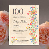 Floral 100th Birthday – Elegant Wildflowers Uitnodiging Briefkaart