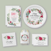 Red Rose Gold Holly 100th Birthday Magnetische Uitnodiging