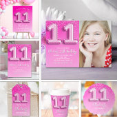 Modern 11th Birthday Girl with Pink Number Balloon Kaart