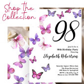 Butterfly 98th Birthday Invitation in Pink Purple Kaart
